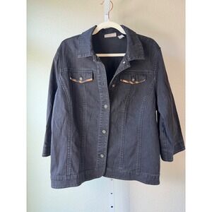 Chicos Denim Jacket Size 3 Black Distressed Animal Print Pockets Button Front